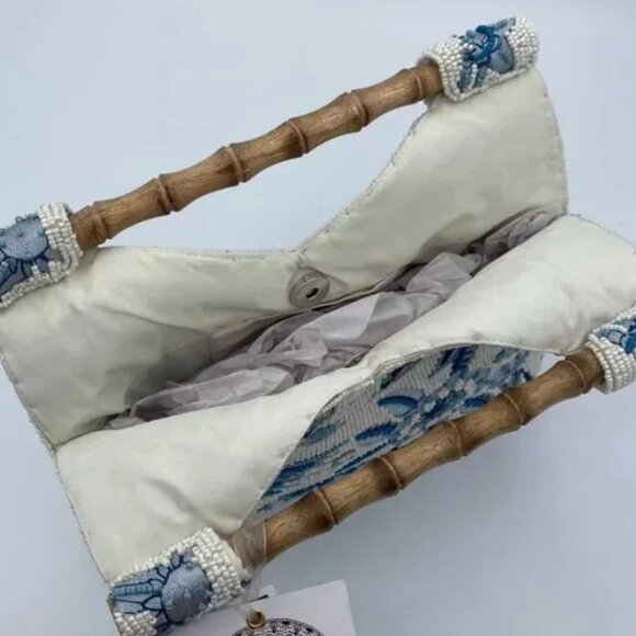 Blue and White Floral Beaded Bamboo Handle Bag Viral Tik Tok Made in India NWT - Picture 4 of 8